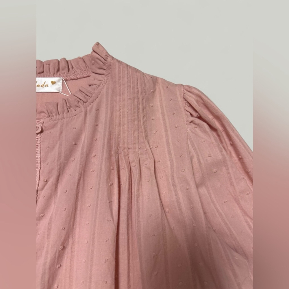 Pink Top Women Size Large Cotton Swiss Dot Pleated Ruffle Round Neckline Long - Picture 9 of 13